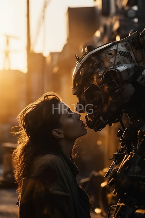 brown hair reflects sunset light near metallic robot faces