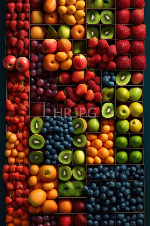 fresh fruits displayed in an arrayed grid pattern on small black trays against dark green backdrop