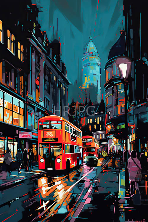 cityscape at night with doubledecker buses under neon signs and clock tower