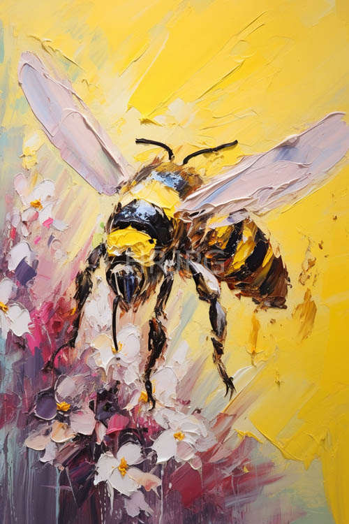 High Resolution: Midflight bee amidst swirling colors and textured petals download. | HRJPG.com