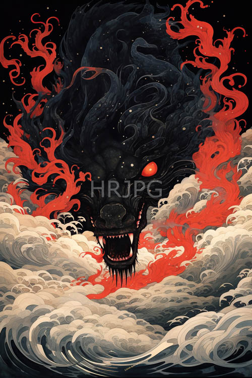 tempestuous clouds converge with fiery wolf emerging silhouetted against inky black sky