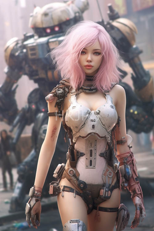 copper and silver plating adorns young womans mechanical prosthetics in steellined chamber