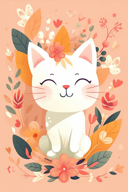 whimsy feline with intricate floral accents and delicate peach background