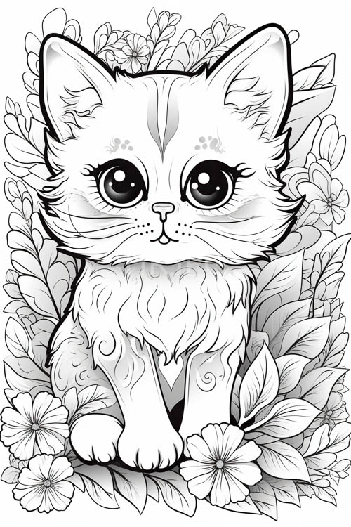 kitten amidst flourishing floral foliage basks in ambient green light