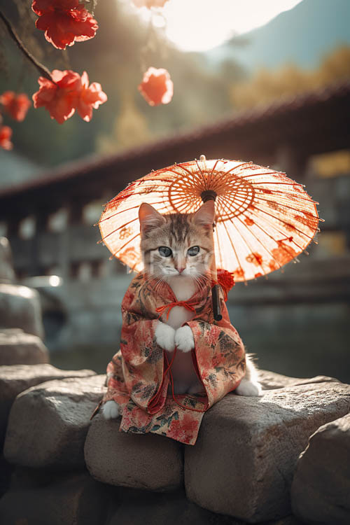 stone steps support cats near dancing cherry blossom petals