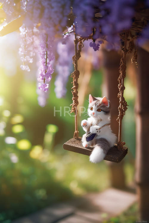 kitten settles onto rustic weathered swing amidst vibrant wisteria flowers in lush garden