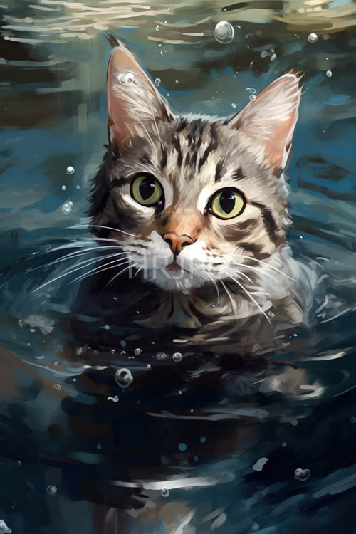 brown tabby cat encounters the fathomless blue waters of an enchanted realm