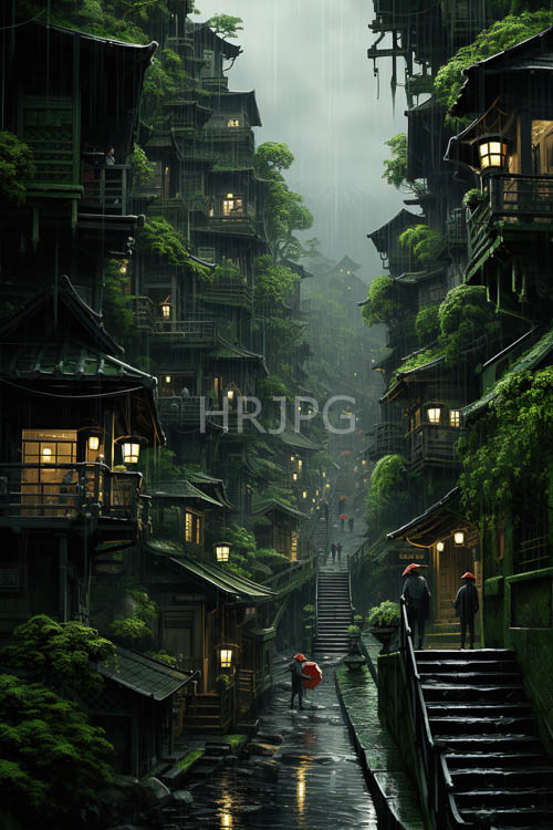 hillside wooden houses display faded facades under muted light