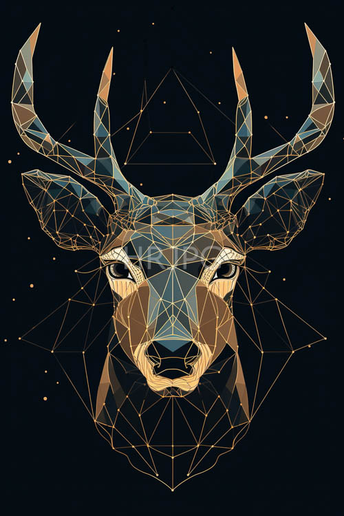 geometric pattern converges in black background to form antlered deers head