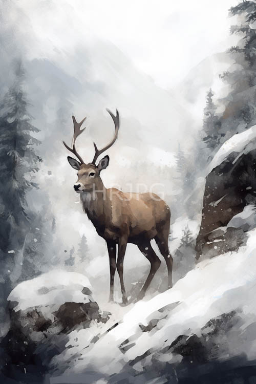 stag fur glistens with sheen in snow clad forests