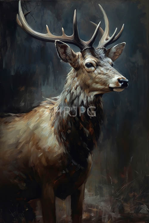 stags majestic coat glistens in muted earth tones amidst dramatic background