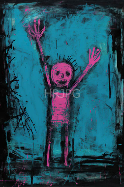 cadmium pink and scarlet tones bleed across tall humanoid silhouettes