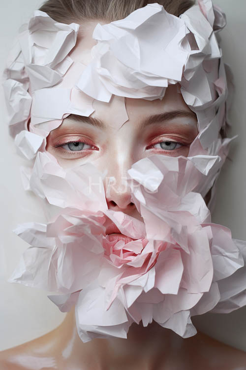 woman amidst mundane surroundings pale skin glowing with delicate pink and white paper flowers