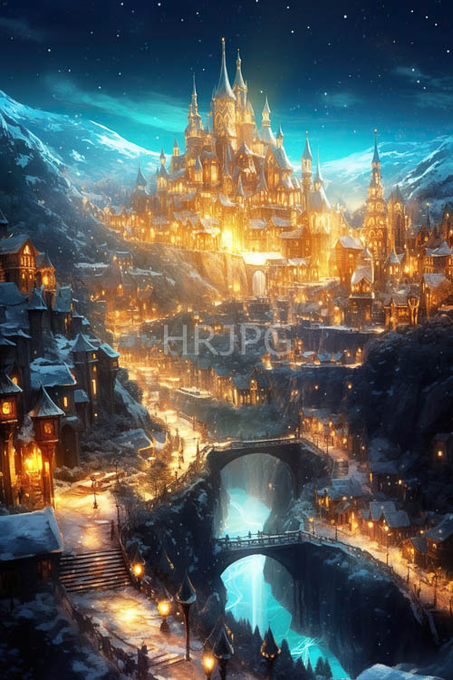 High Resolution: CrystalCovered Cottages Adorned with HoneyGlowing Lanterns and Twinkling Night Sky download. | HRJPG.com