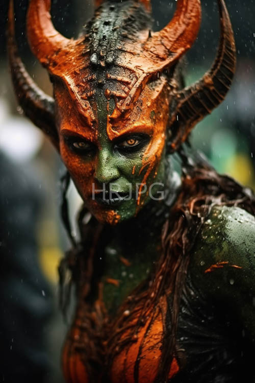 tribal patterns cover weathered demon skin in heavy rain