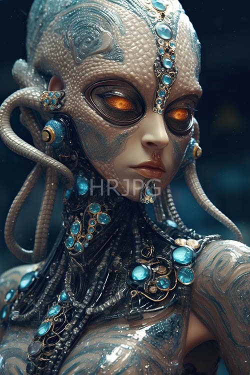 cybernetic fusion of iridescent circuitry and translucent human flesh in ambient light