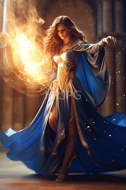womans slender fingers weave intricate patterns with swirling golden fire across her palm in a grand cathedral