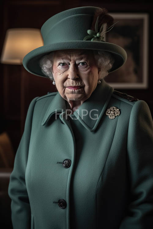 elderly woman stands in dimly lit room with pearls and teal coat