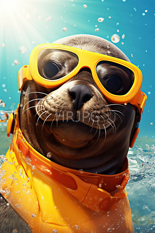 seal navigates turquoise waters with scuba gear sunlight and seaweed