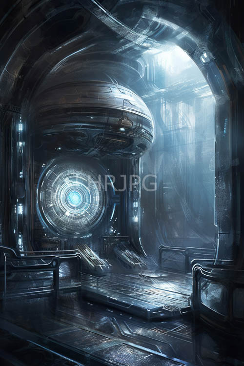 blue light glows from massive spheres in steel rooms