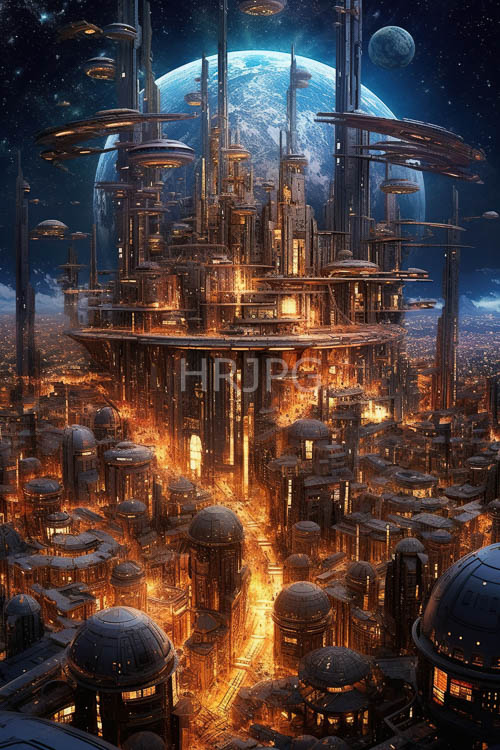 cosmic metropolises unfold across alien terrain terrain with cylindrical skyscrapers and domeshaped buildings