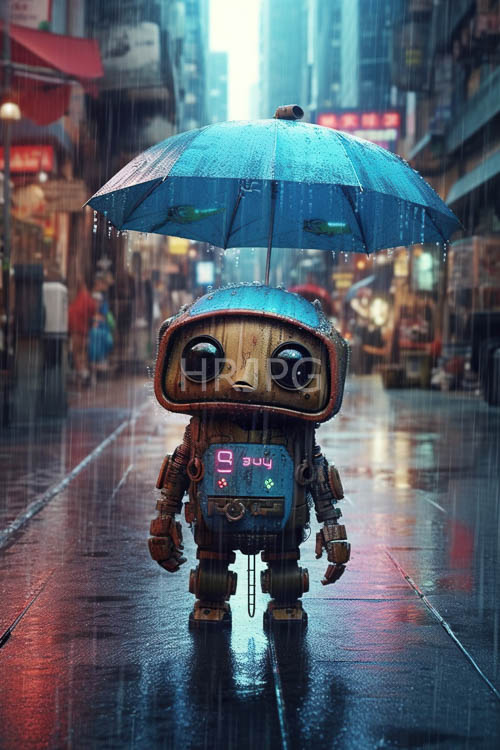 High Resolution: City Underpass Weathered Brick Walls Rise with Neon Signs and Robot in Rainy Street download. | HRJPG.com