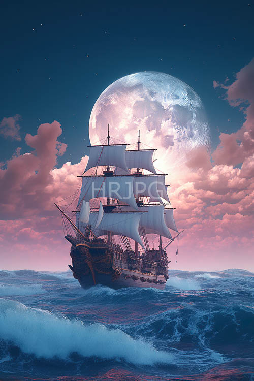 ocean waves crash against the hull of a majestic threemasted ship sailing through the choppy waters of the pink and purple twilight sky