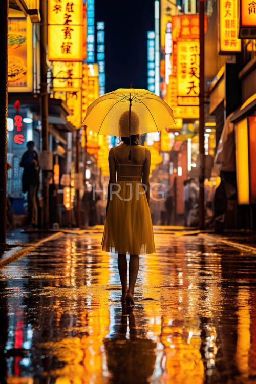 skyscrapers pierce urban sky neon lights dance across wet pavement asian woman emerges from mist