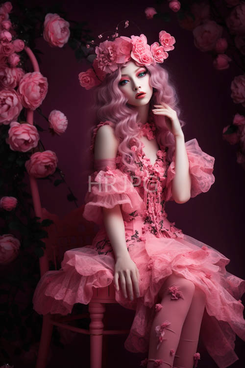 pink hues dance across wavy locks amid worn wooden chair and rich purple backdrop