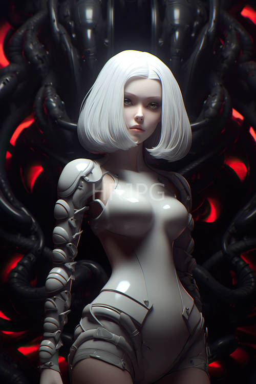 High Resolution: Humanoids Angular Face Shines Under Flickering Red Lights Amidst Dark Tentacle Structures download. | HRJPG.com