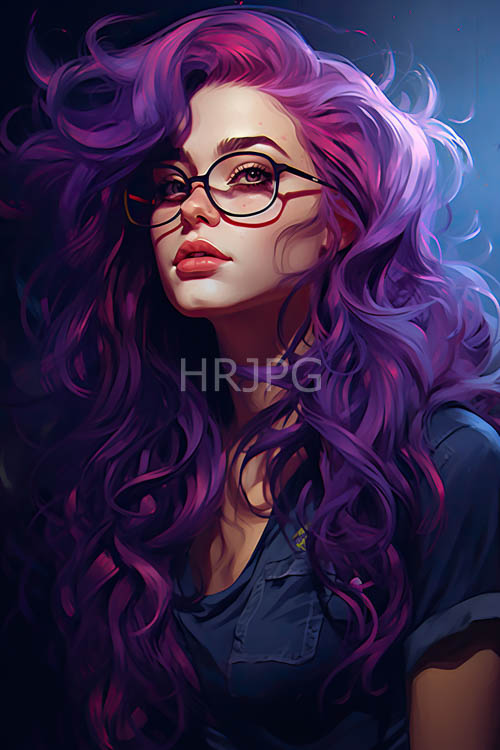 purple hair cascades down youthful face in pinkframed glasses and denim shirt