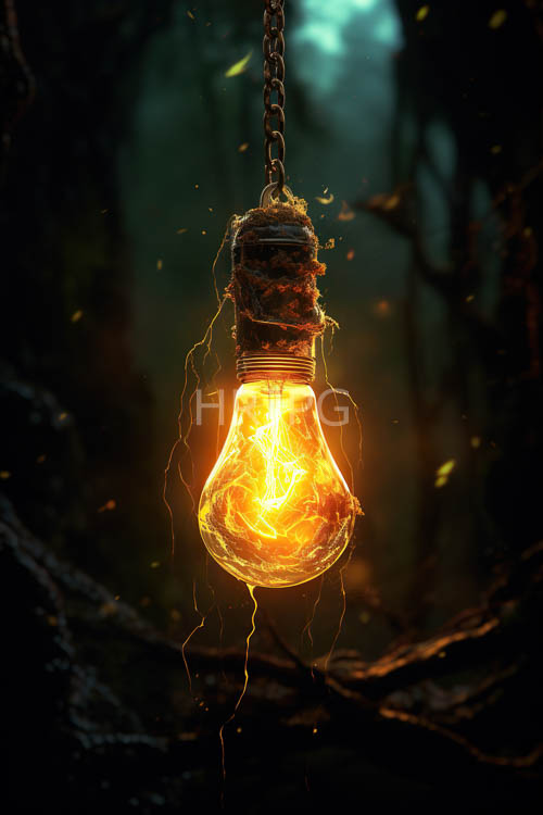 light bulbs hang from rusty chains in shadowy forests