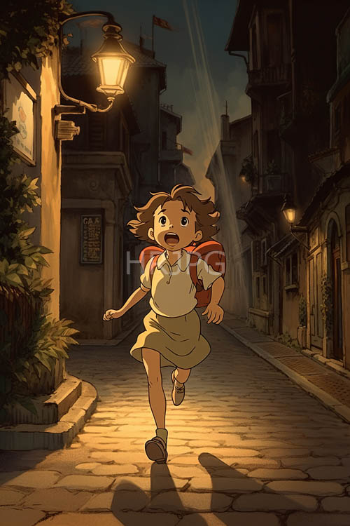 girls rush down muted evening street under lamplights faint glow