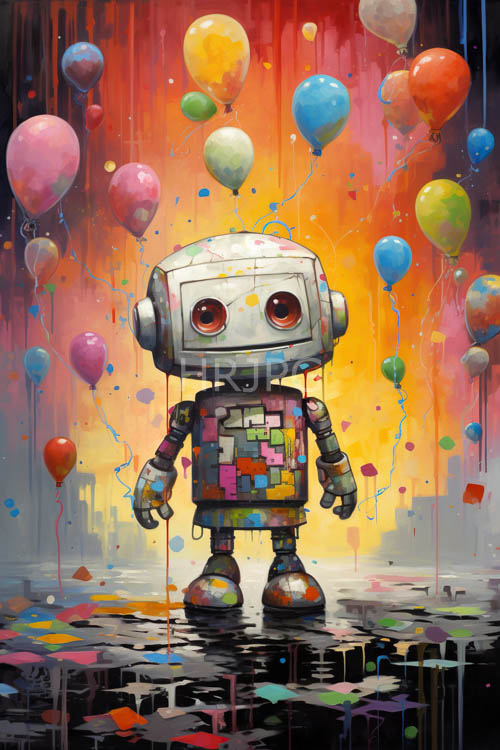 shimmering metallic plates reflect light amidst whimsical robot assembly