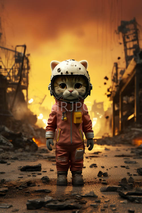 cracked city ruins backdrop urban anthropomorphic cat stands amidst orangetinged smog