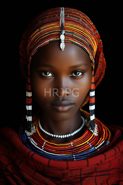 High Resolution: African womans features set in serene expression amidst kaleidoscope of beaded colors framing face download. | HRJPG.com