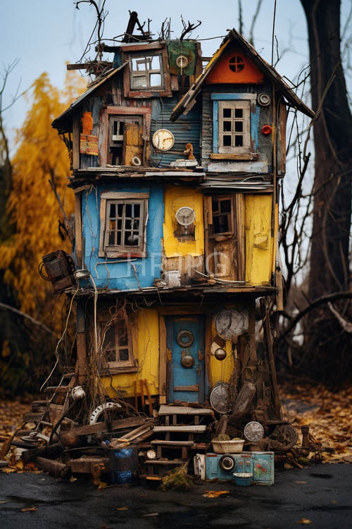panels form mismatched wooden house facades in autumn