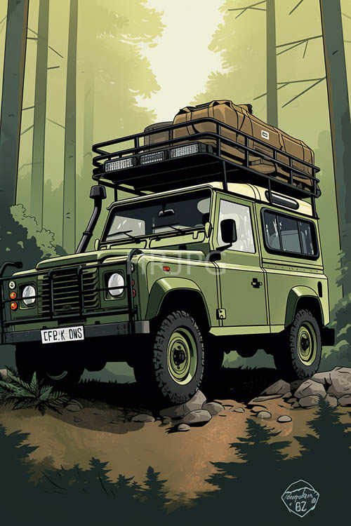 olivegreen land rover defender navigates rugged terrain through woodland