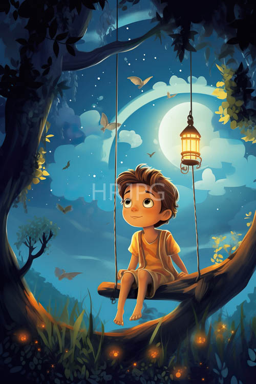 celestial scenery of twinkling stars illuminates a young boys weathered wooden tree swing