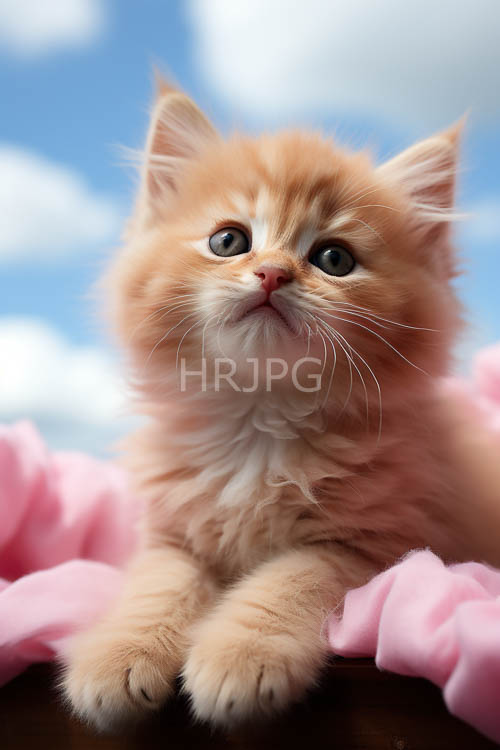 kittens furry texture intersects with pastel pink fabric and softly blending horizon