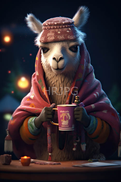 llama in inky night sky with faint glow and whimsical glow of nearby lights