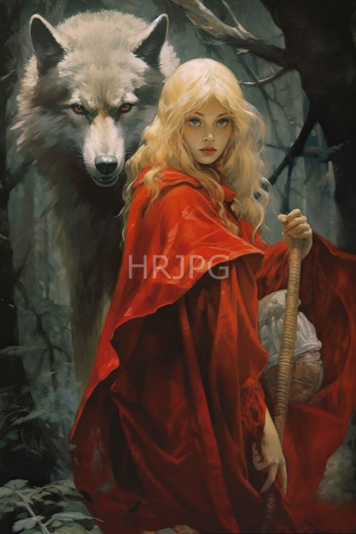 falling snow drifts past ancient trees near a emerging wolf