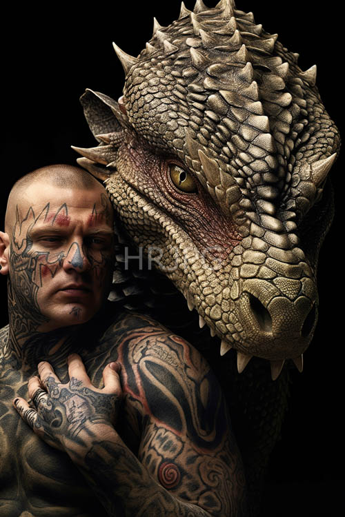 tribal designs adorn the bald mans skin in intricate patterns across scalp neck and arms