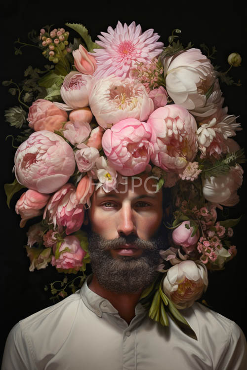 man surrounded by delicate peonies and roses in lush floral arrangement