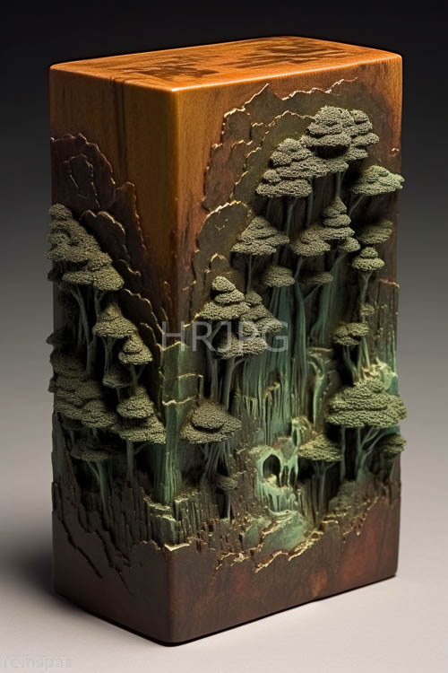 forest landscape transformed into intricate wood carvings interweaving emerald hues with gold accents