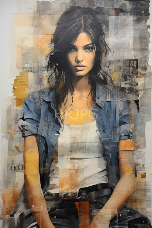 denim fabric drapes over young womans shoulders in rich textured scenery