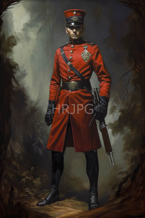 forest ranger uniform with insignia and rifle in darkened woodland setting