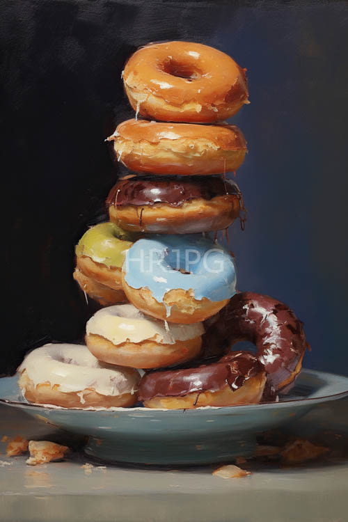 donuts arrayed with diverse toppings on pristine blue plate in varied light