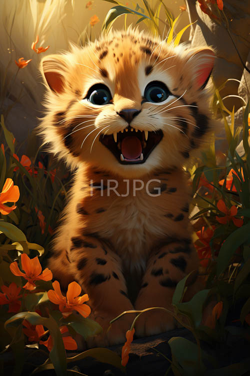 vibrant orange flowers dance in gentle breeze surrounding cheetah cub