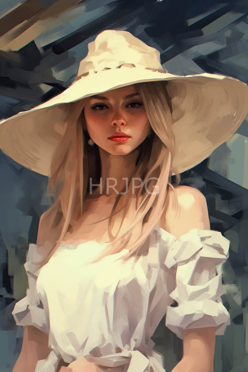 youthful beauty framed by delicate brushstrokes amidst abstract dark blues and sunlit tones